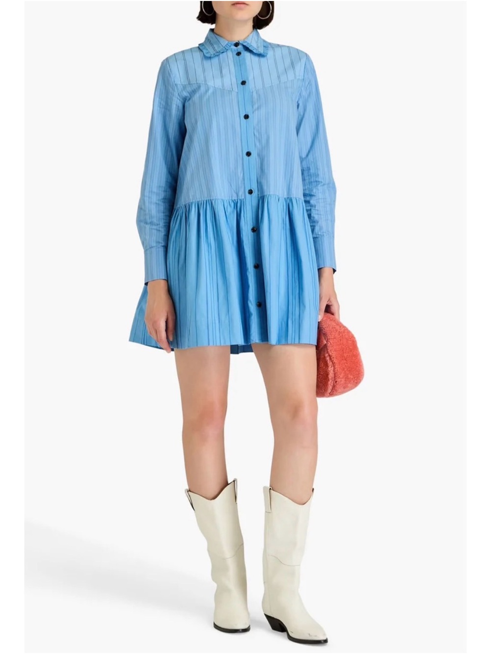 Ganni Light Blue Button-Down Shirt mini dress with Burgundy Pinstripes